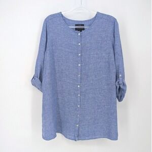 Tahari 100% Linen Blue Tunic Top Blouse Roll Tab Sleeve Womens 1X‎ Plus Size